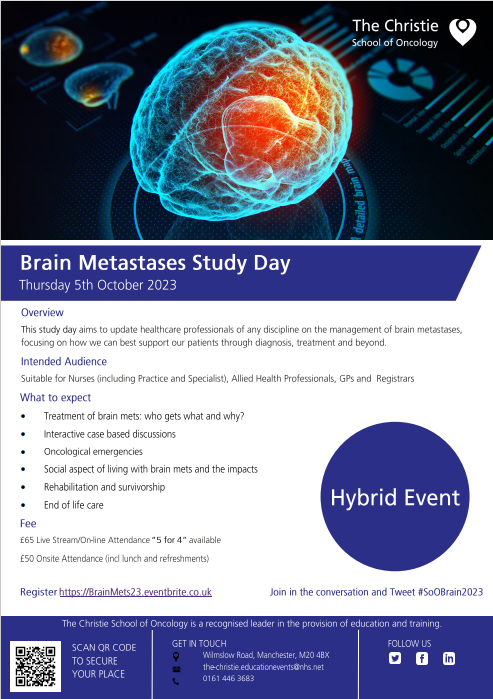 CICEManchester's tweet photo. Join us for the #SoOBrain2021 study day 🙌

📆 5th October 
🗣️ Talks on treatments, oncological emergencies, rehabilitation and more 
📍 Hybrid event, attend face-to-face in our onsite auditorium or virtually 
🎟️ https://t.co/AogEu9s8OJ

#brainemets #hybridevent #oncology https://t.co/wpjETYgNQY