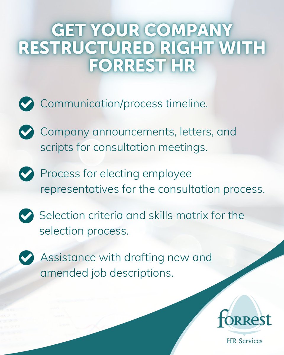 Restructures can be a daunting process for any business. Every business is unique and so the approach to restructuring should never be a one size fits all approach.

Our team of experts is here to help.
ForrestHR.com

#TheForrestGroup #HR #Restructure #Business