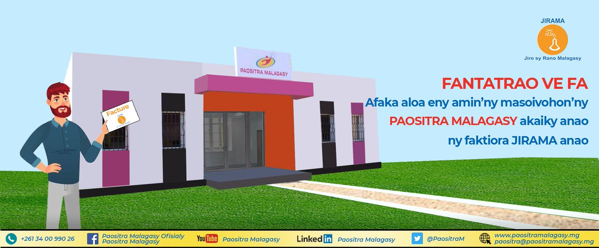 PaositraM's tweet photo. ‼️Tsy mila milahatra be intsony ianao, aloavy eny amin'ny Paositra Malagasy ny facture JIRAMA anao.
#Paositra_Malagasy
#Akaiky_anao_hatrany https://t.co/E5cmCU99y5
