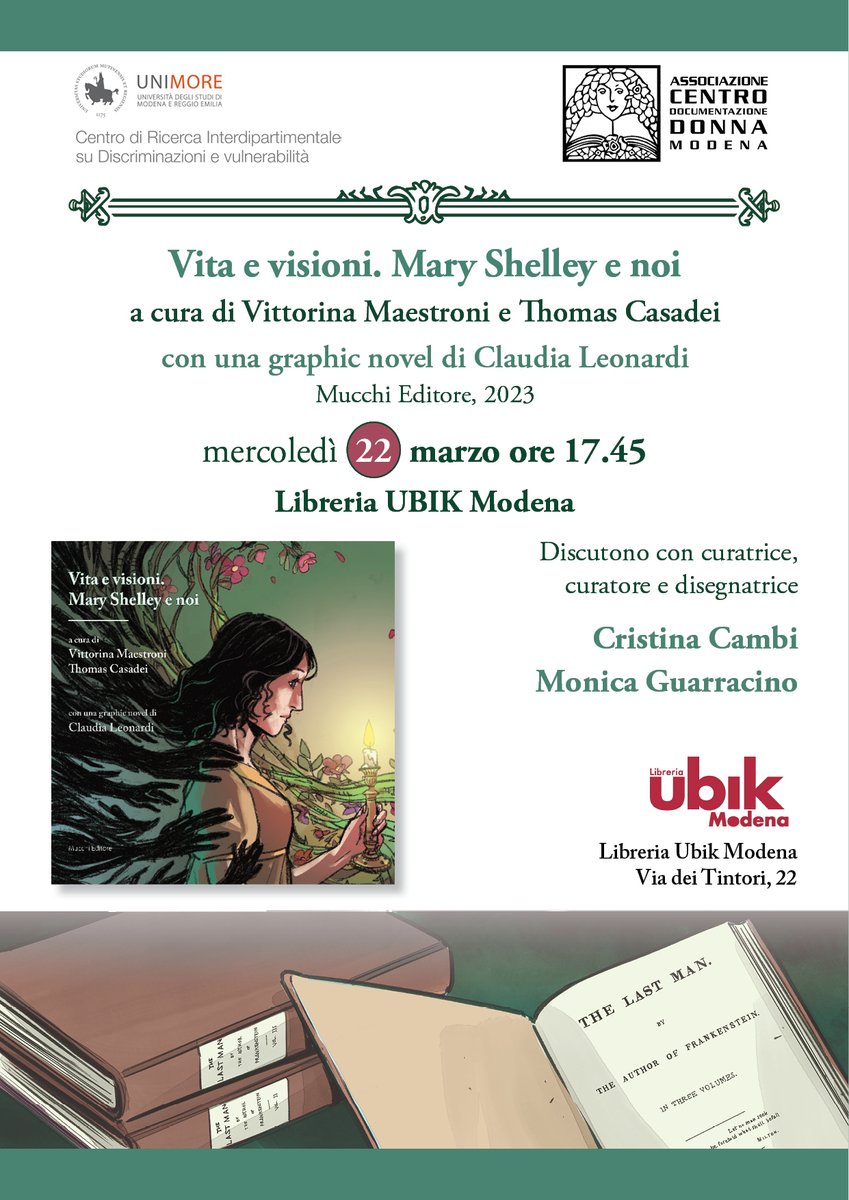 Vi aspettiamo domani dagli amici di <a href="/Ubik_Modena/">libreria ubik modena</a>  per la prima presentazione di
𝗩𝗶𝘁𝗮 𝗲 𝘃𝗶𝘀𝗶𝗼𝗻𝗶. 𝗠𝗮𝗿𝘆 𝗦𝗵𝗲𝗹𝗹𝗲𝘆 𝗲 𝗻𝗼𝗶
con Vittorina Maestroni, Thomas Casadei, Claudia Leonardi, Monica Guarracino e Cristina Cambi.