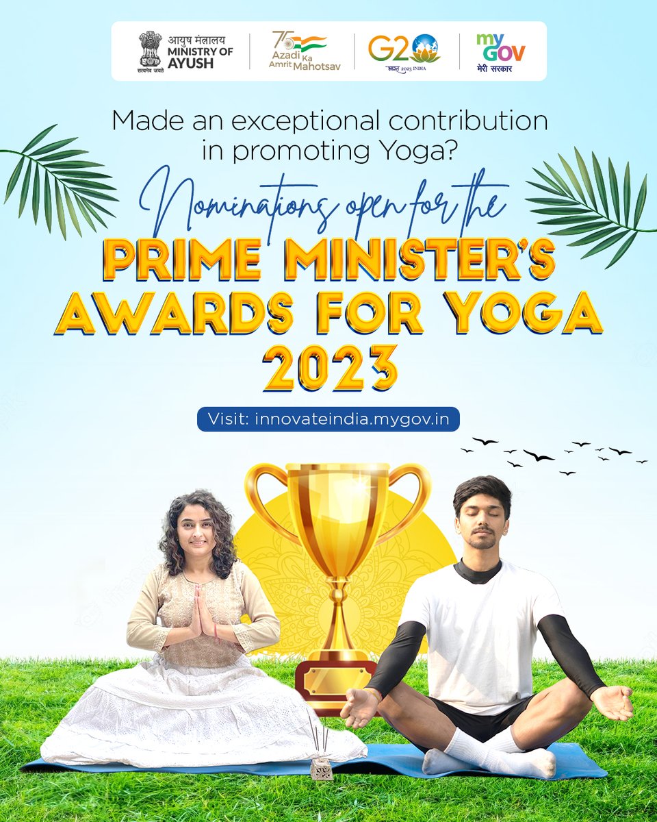 mygovindia's tweet photo. Know someone who has made a significant impact on society by promoting Yoga? 

Nominate them for PM Yoga Awards 2023! Visit: https://t.co/riAqKAmdyN https://t.co/YSEKRdcaSt