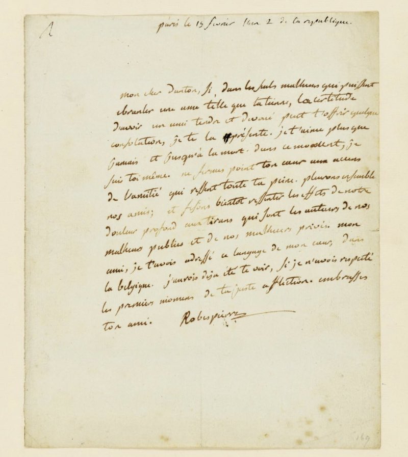 AgnesCPoirier's tweet image. On 15 February1793, #Robespierre wrote to #Danton whose wife had died:« I love you more than ever, I love you till death. » A year later, Robespierre sent his friend to the guillotine. This private letter, the only one from Robespierre to Danton to survive, was sold for 218,000€