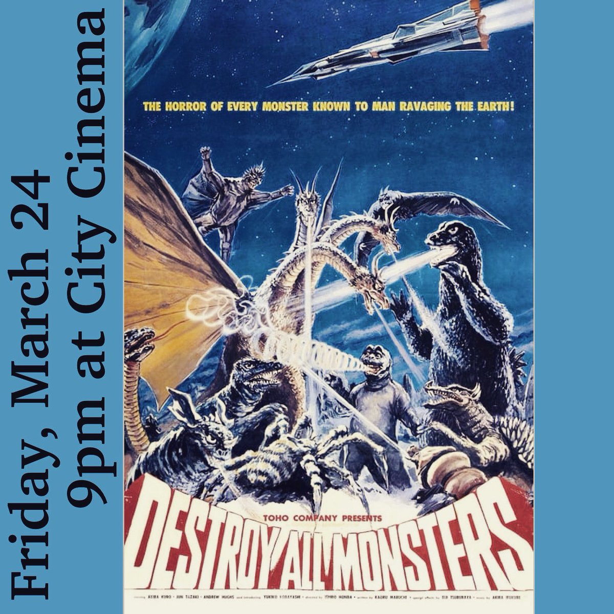 «For the ten-year-old living inside us all, it is entertainment of the most awesome sort.»

Destroy All Monters wil be shown this Friday (March 24, 9pm) at City Cinema

Tickets online bit.ly/3Z68gkk

 Sponsor by the <a href="/hollywoodsuite/">Hollywood Suite</a>

#pei <a href="/Downtown_Chtown/">Downtown Ch'town,PEI</a> #charlottetown