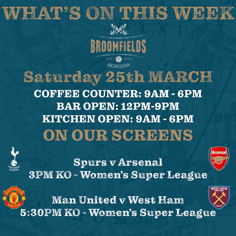 BroomfieldsBR2's tweet photo. 𝗧𝗵𝗶𝘀 𝗪𝗲𝗲𝗸𝗲𝗻𝗱

Starting Tomorrow we have a weekend filled of Women's Super League for you as well as an England Men's Euro Qualifier. 
ALSO due to international break we can show @bromleyfc taking on Yeovil away with a special offer for you fans. 
#hellobroomfields