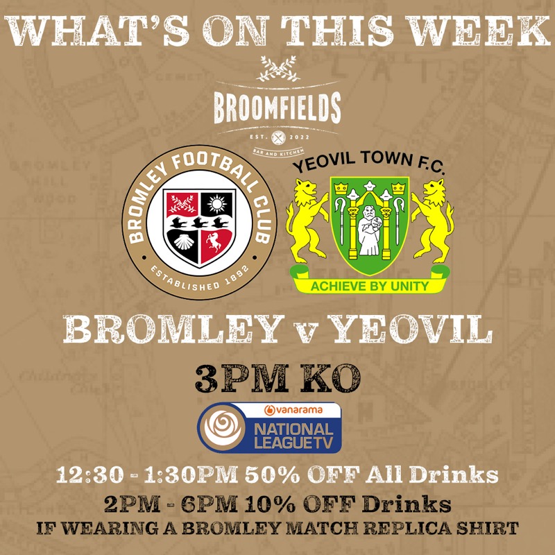 BroomfieldsBR2's tweet photo. 𝗧𝗵𝗶𝘀 𝗪𝗲𝗲𝗸𝗲𝗻𝗱

Starting Tomorrow we have a weekend filled of Women's Super League for you as well as an England Men's Euro Qualifier. 
ALSO due to international break we can show @bromleyfc taking on Yeovil away with a special offer for you fans. 
#hellobroomfields