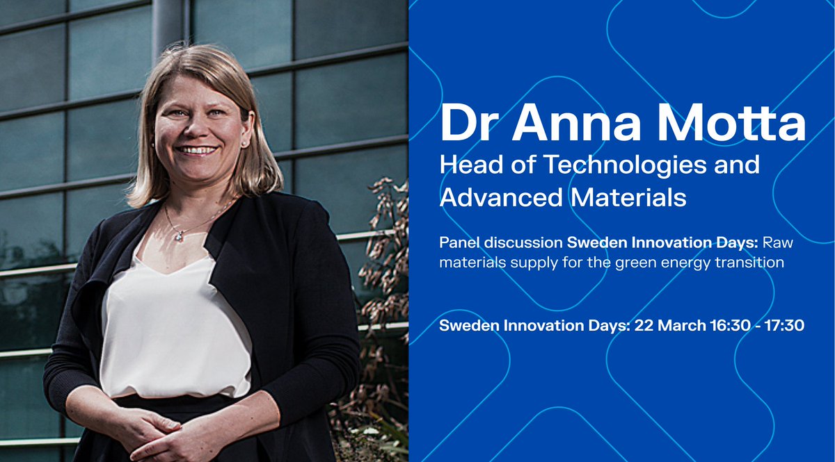 We're excited to be at the Sweden Innovation Days 21-23 March!
Our Head of Advanced Materials &amp; Technologies Dr Anna Motta joins the panel  'Raw materials supply for the green energy transition' 22 March, at 4:30pm CET.

It's a free and open digital event: swedeninnovationdays.se/side-event/raw…