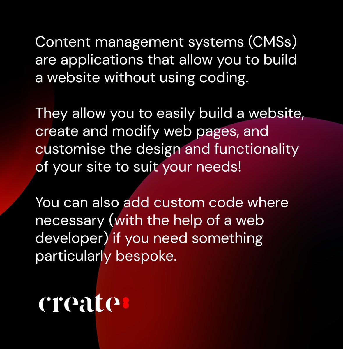 Create8Ltd's tweet image. Popular CMSs include WordPress, Joomla, Magento, Drupal and Shopify, but what are they and what do they do?

#Create8 #eCommerce #ShopifyFAQ