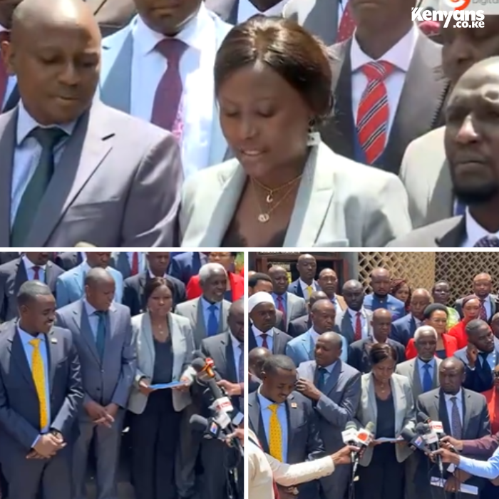 Kenyans's tweet photo. UDA MPs hold press briefing to pressure police to arrest Raila Odinga and former President Uhuru Kenyatta over the mass action demonstrations https://t.co/4NeRlHWA1F
