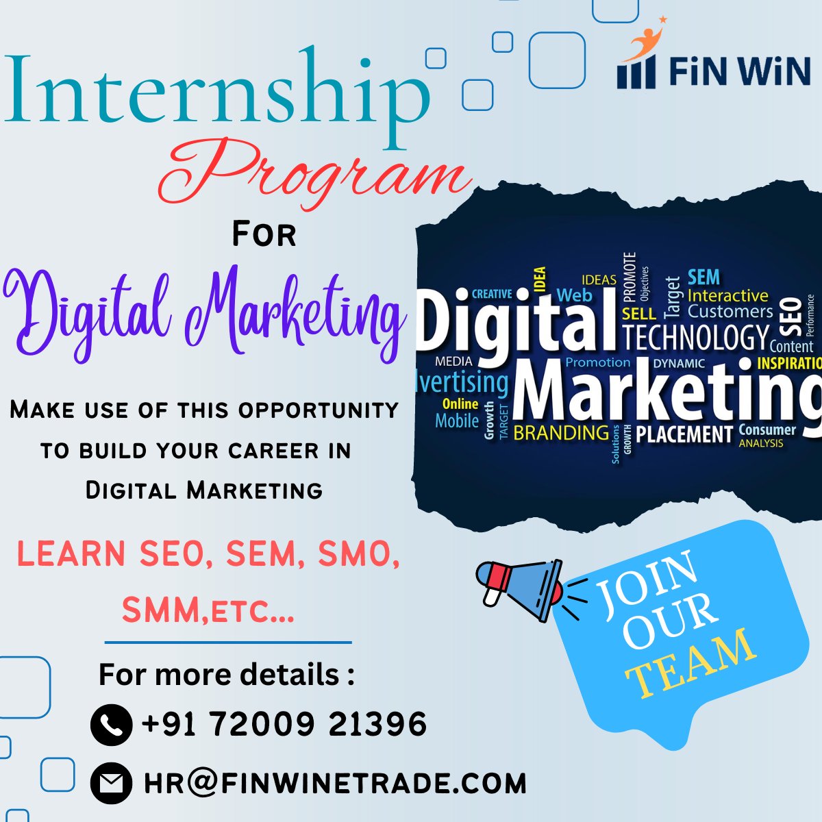 Finwinetrade's tweet photo. Make use of this opportunity to build your career. 
For further details : 
+91 72009 21396
#joblife #JobSeekers #JobAlert #DigitalMarketing #internship #jobopening #JobOffer https://t.co/Oez5nnEIAO