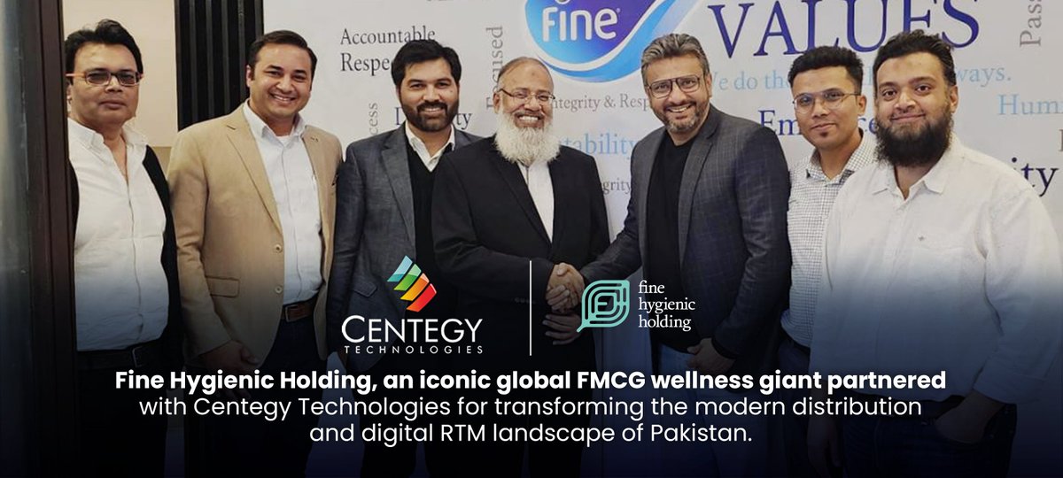 centegy's tweet photo. We are excited to announce our strategic partnership with Fine Hygienic Holding, a renowned global FMCG wellness company, to revolutionize the modern distribution and digital RTM landscape of Pakistan through Centegy Technologies' cutting-edge solutions. 

#centegy #finehygenic https://t.co/vLu30iqTOw