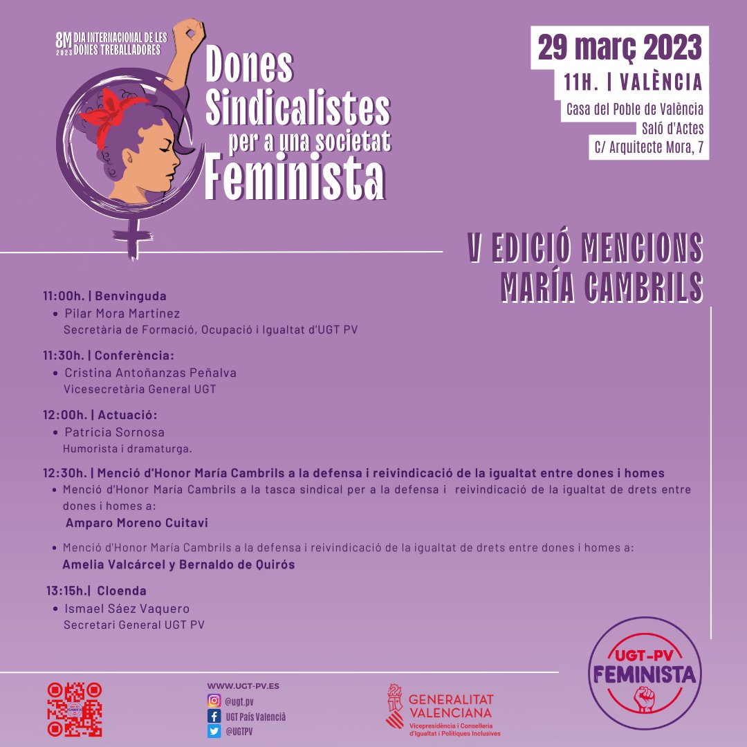 🟣 El pròxim 29 març tindrà lloc la V edició Mencions Maria Cambrils d'#UGTPV, un reconeixement a dones que treballen per la igualtat entre homes i dones, enguany atorgades a dues grans feministes: Amparo Moreno i Amelia Valcárcel.

📅 29 març | 11h | Casa del poble de València