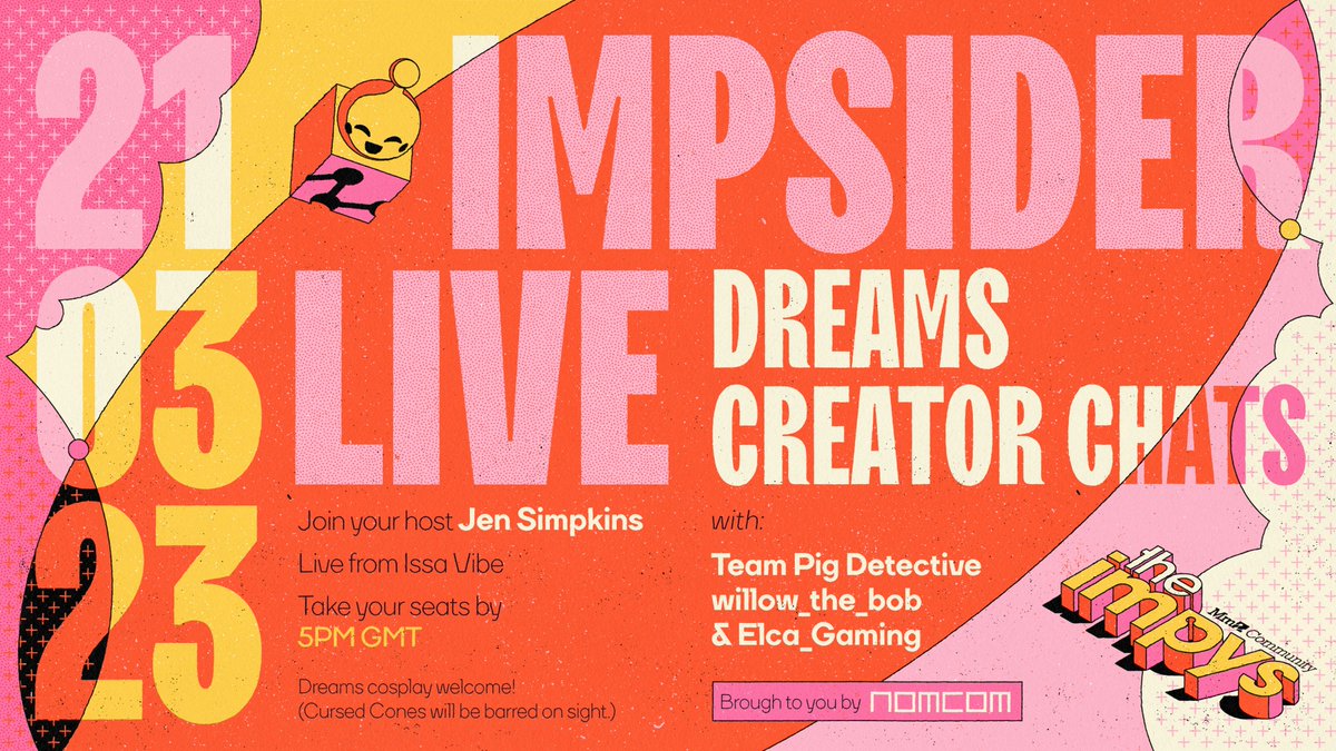 Welcome to another glorious day at the Nomi Nations! 👋☀️

Today, join <a href="/itsJenSim/">Jen Simpkins</a> for some eye-opening chats with the super talented <a href="/DetectivePig/">Team Pig Detective (inactive)</a>, <a href="/willowthebob/">Willow_the_Bob</a> &amp; <a href="/Elca_Gaming/">Elca</a>! 🗣️

📺 Tune in LIVE on Twitch at 5PM GMT: twitch.tv/media_molecule

#MadeInDreams