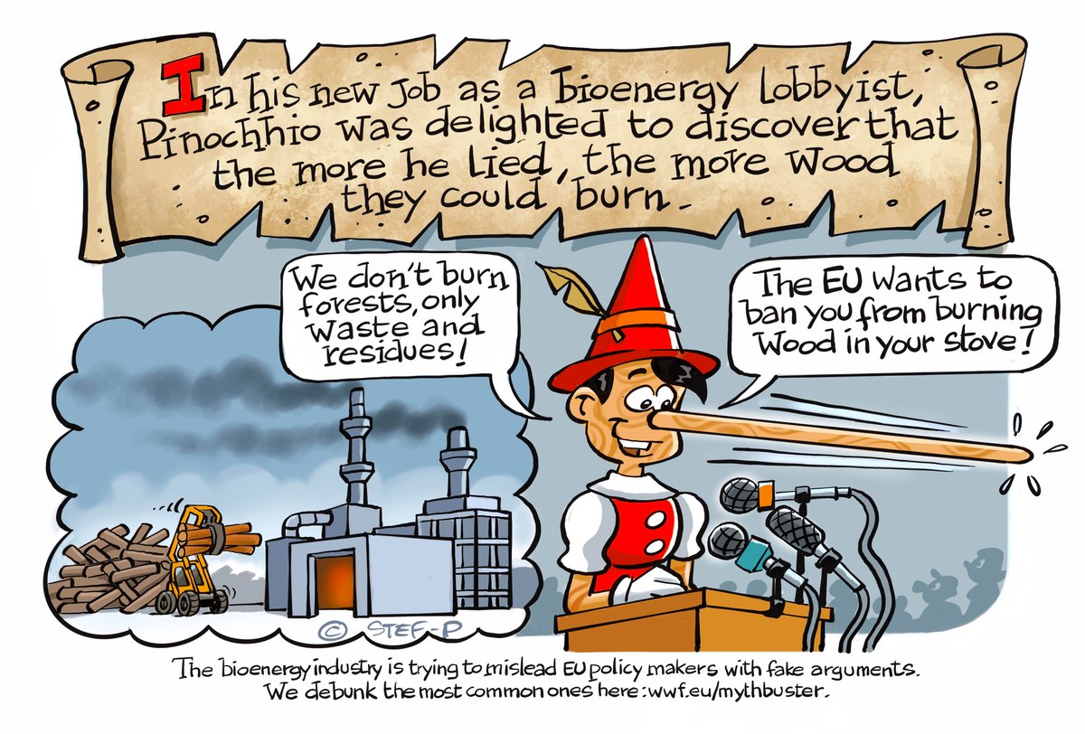 WWFEU's tweet photo. Bioenergy industry lobbyists are trying to mislead 🇪🇺 policy-makers and pretend that burning trees helps in fighting #ClimateChange. It's almost as if Pinocchio were working for them 🤥

WWF debunks the most common myths told by the #bioenergy industry👉https://t.co/4yQfrqL1rz https://t.co/Y7NYEA3zPv