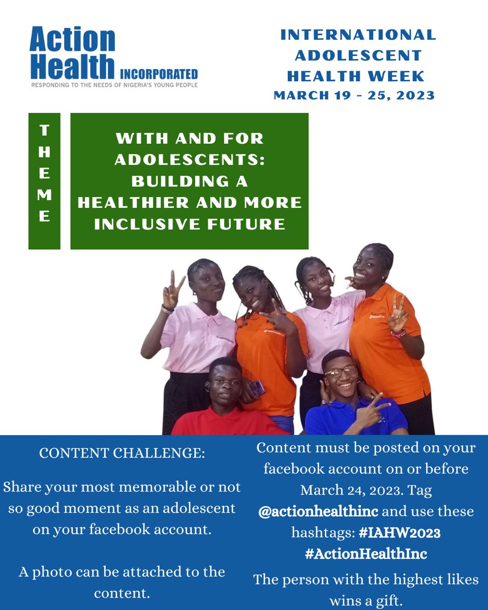 We will love to hear from you 😍

What is your most memorable🥰 or not so good☹️ moment as an adolescent?

Don't forget that adolescents are young people aged 10-19 years.

Feel free to share your experience using a picture and win a cash gift.

#IAHW2023 #ActionHealthInc #SDG3