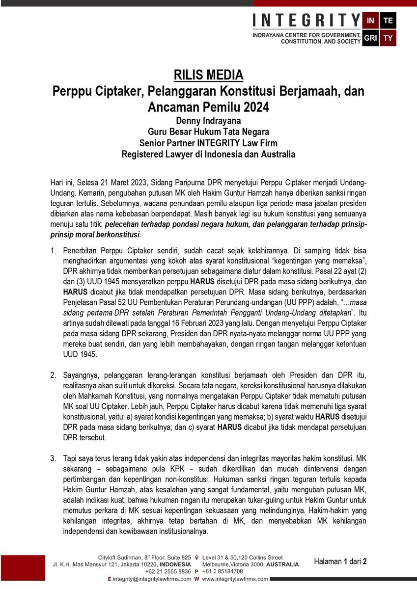 dennyindrayana's tweet photo. Perppu Ciptaker, Pelanggaran Konstitusi Berjamaah, dan Ancaman Pemilu 2024.

#Rilismedia https://t.co/u9SN9ZpHne