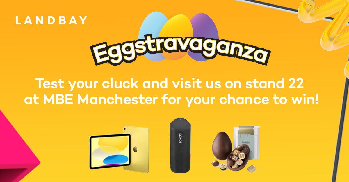 LandbayUK's tweet photo. LANDBAY EGG-STRAVAGANZA🎉

We're at MBE Manchester today with your second chance to enter our Easter EGG-STRAVAGANZA.

Head over to stand 22 and pick out a winning egg to claim your prize! 

Feeling clucky?!🐣 https://t.co/72AcUpBnst