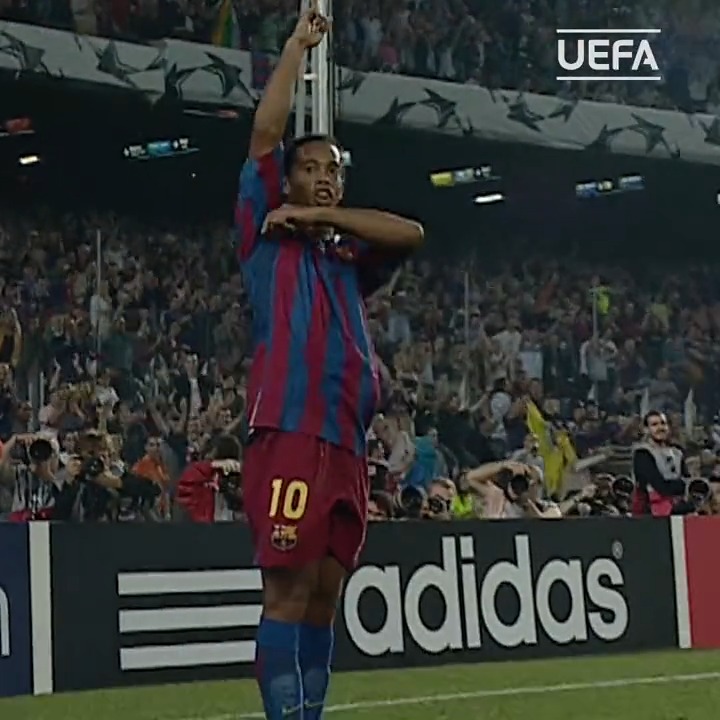 A soccer player in a blue and red striped jersey with the number 10 celebrates in front of a cheering crowd, with an "adidas" banner and "UEFA" logo visible.

The image appears to be a misidentified match to the post: while the post references Diego Reyes at Akron Stadium, the player shown is actually wearing an FC Barcelona kit with the iconic #10 (associated with Ronaldinho), suggesting the post caption doesn't match the image content.