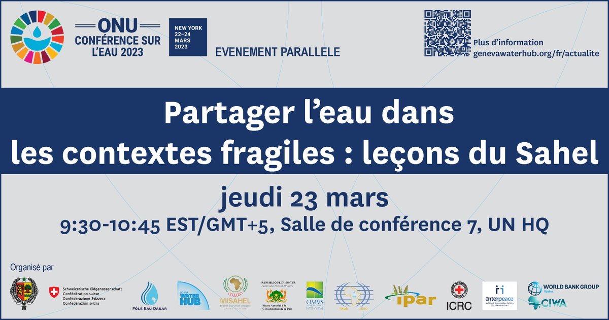 Conférence des Nations Unies sur l'Eau 2023
---
Le Pôle Eau Dakar participe à un side event sur le thème "partager l'eau dans les contextes fragiles : leçons du #Sahel", coorganisé par le #Sénégal, le <a href="/GenevaWaterHub/">Geneva Water Hub</a>, la <a href="/SwissDevCoop/">Swiss Development and Cooperation</a>, <a href="/OMVSlofficiel/">OMVS</a> 
#UN2023WaterConference
