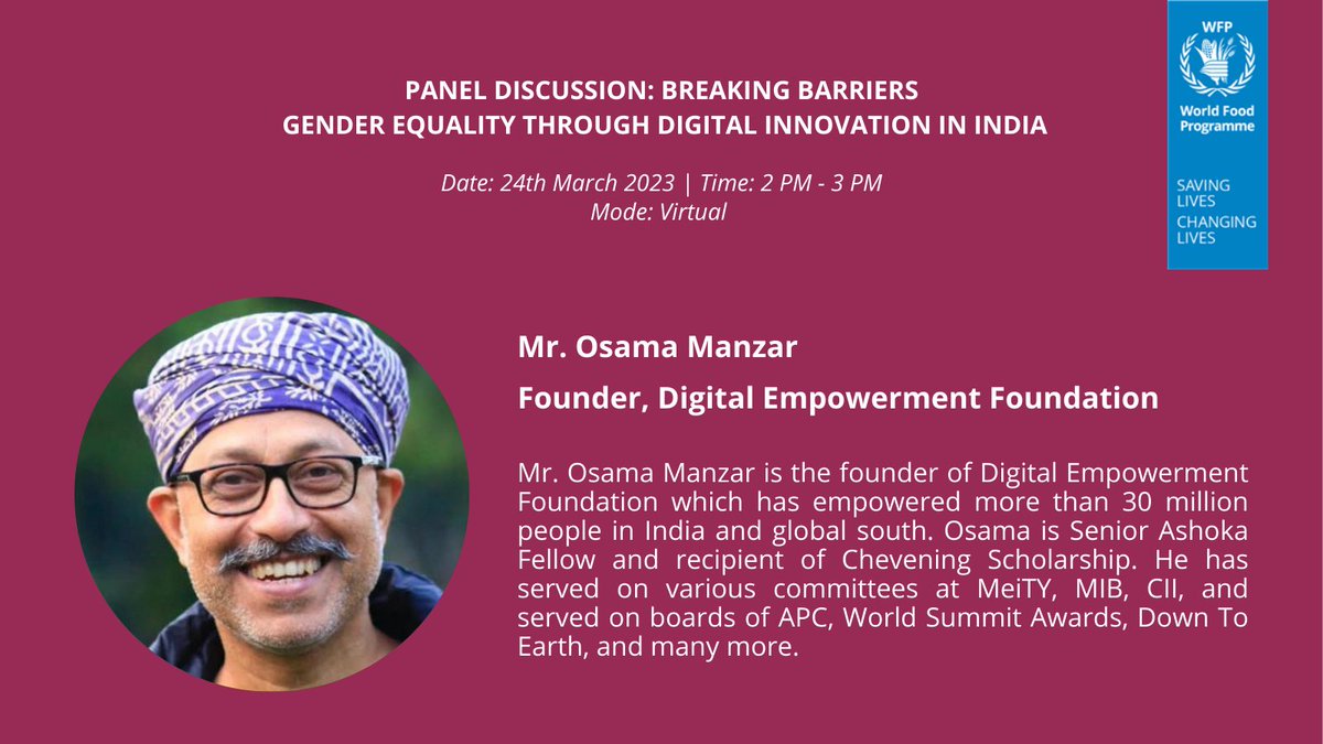 Meet the speakers!
<a href="/OsamaManzar/">OsamaManzar</a> <a href="/DEFindia/">DEFindia</a> 
<a href="/BigGayatri/">Gayatri Buragohain</a> <a href="/fattechy/">FAT</a> / Sangeeta Saini, <a href="/GramVaani/">Gram Vaani</a> 
Panel: Breaking Barriers Gender Equality through Digital Innovation in India hosted by <a href="/UNWFP_India/">World Food Programme in India</a> 
🗓️24 Mar 2023 🕒 2 PM
👉bitly.ws/BJw5
 #IWD2023 #DigitALL #Genderequality
