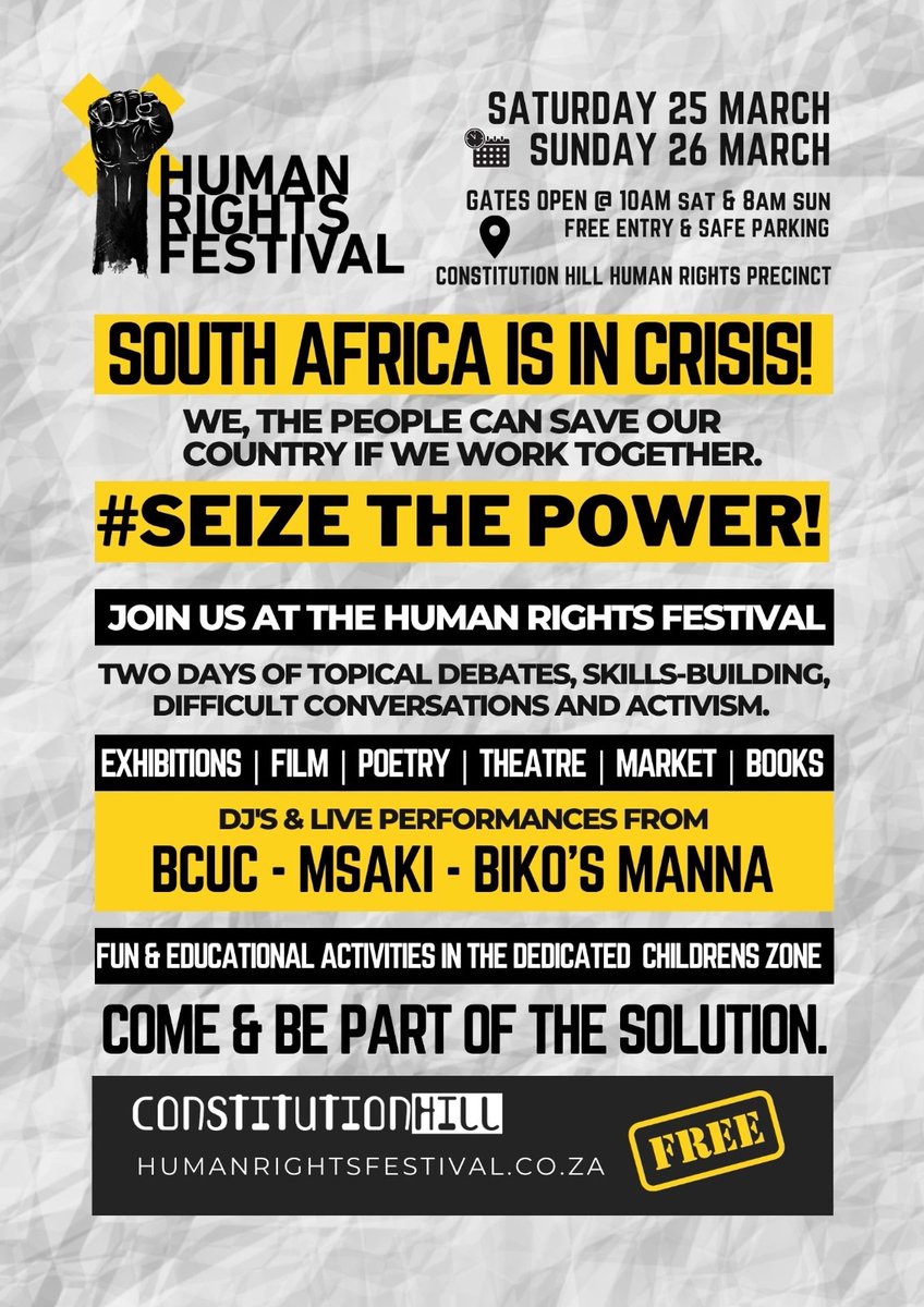 Happy Human Rights Day ✊🏾🇿🇦

We’re excited to take part in the Human Rights Festival together with other civil society organizations. We’ll be hosting two dialogues on youth, mental health and climate change. Join us from the 25th-26th of March at <a href="/VisitConHill/">Constitution Hill SA</a>. #HumanRightsDay
