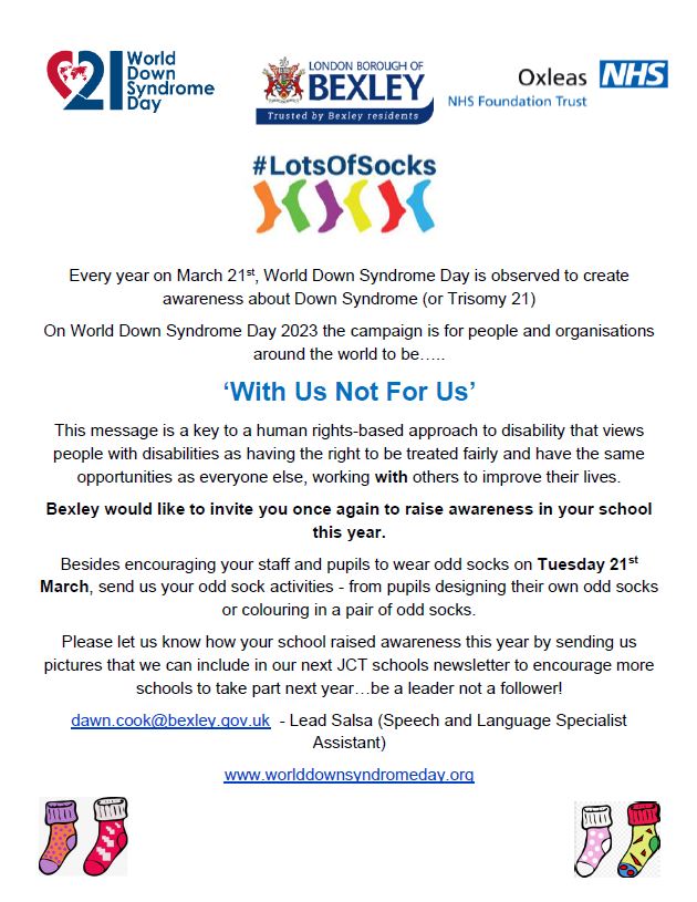 BexleySLT's tweet photo. In support of #WorldDownSyndromeDay join our #SLTAs in wearing odd socks!ππ§¦π Bexley schools please send us your pics of odd socks and you could be included in the next JCT newsletter!π#WithUsNotForUs #lotsofsocks
#WDSD2023 @DSAInfo @WorldDSDay @RCSLT @GivingVoiceUK @OxleasNHS https://t.co/LjmVNjk3na