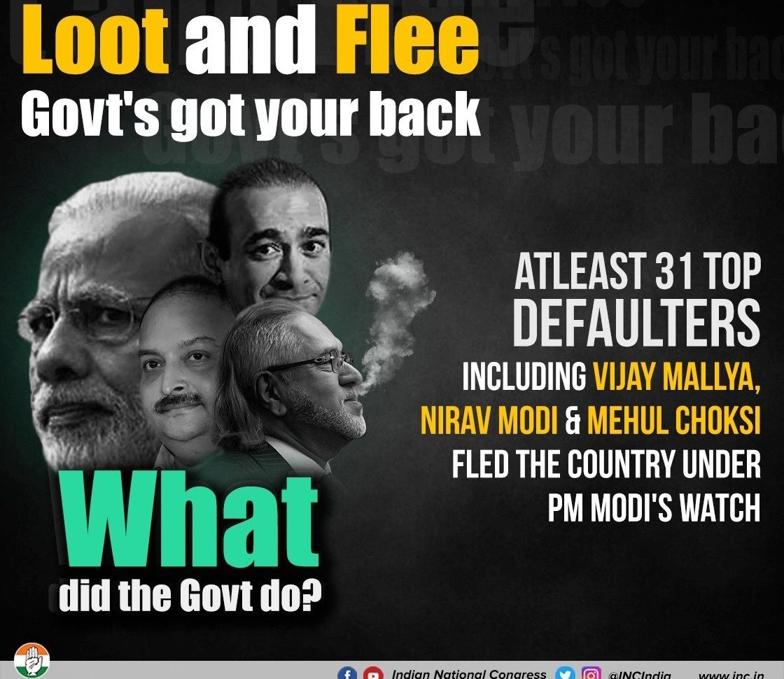 geetv79's tweet photo. @RahulGandhi The Loot & Scoot Fraud Service is
Chowkidar's spectacular success.
Bank frauds have multiplied under Modi.
MehulBhai 5000Cr
Jatin Mehta 8000Cr
Mallya 9000Cr
#ChotaModi 11000Cr
Lalit Modi 1900Cr
Vikram Kothari 3700Cr
Kanishk Gold 824Cr
#ChowkidarChorHai https://t.co/JLOlLoFMso