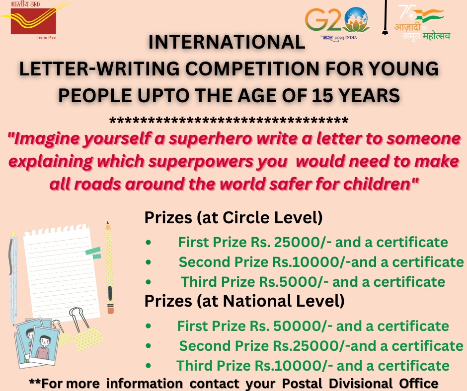 pmglucknow's tweet image. @IndiaPostOffice is organizing #InternationalLetterWritingCompetition2023 for young people upto the age of 15 years.
For more information visit indiapost.gov.in or Postal Divisional Office.
#ApkadostIndiapost 
#ILWC