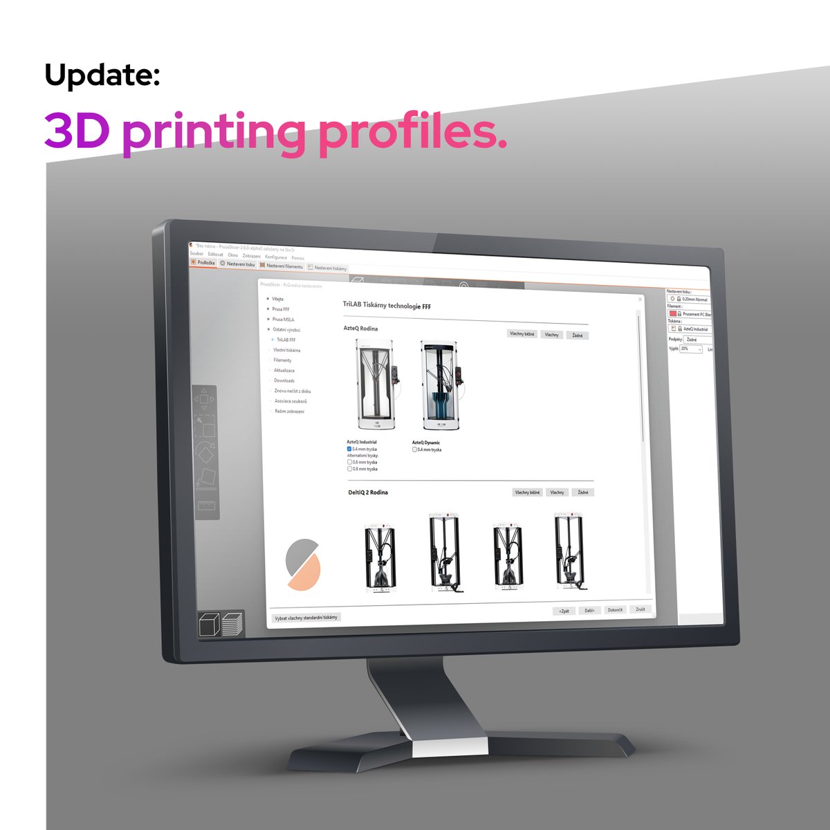 A major update to the TRILAB printer #profiles has just been released, which now includes AzteQ Dynamic. This update will appear as part of the upcoming PrusaSlicer 2.5.2 release. Users of the 2.6.0-alpha test version can install the update immediately.

#update #PrusaSlicer