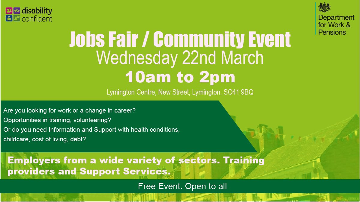 Tomorrow Jobs Fair/Community Event on Wednesday 22 March 2023 from 10 am to 2pm.  Held at #Lymington Community Centre, New Street, Lymington. SO41 9BQ.

Employers include: <a href="/Appello_UK/">Appello</a> <a href="/OakhavenHospice/">Oakhaven Hospice</a> <a href="/ShorefieldHols/">Shorefield Holidays</a> <a href="/brockcollege/">Brockenhurst College</a> and many more.
 Everyone welcome.

#HampshireJobs