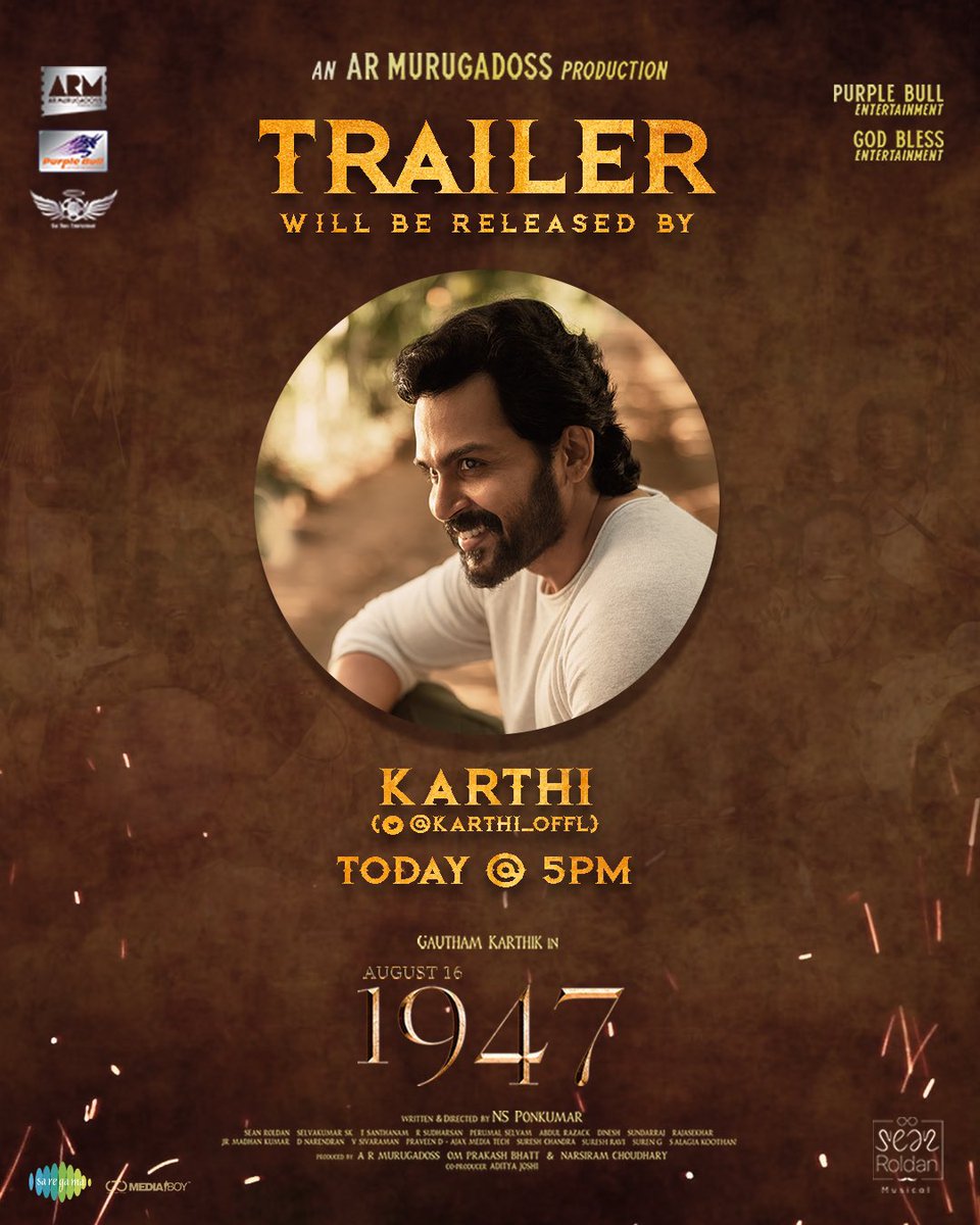 ARMurugadoss's tweet photo. The Most Awaited Trailer of #1947AUGUST16 will be released by @anirudhofficial &amp; @Karthi_Offl at 5 PM today. https://t.co/d5qDun22B1