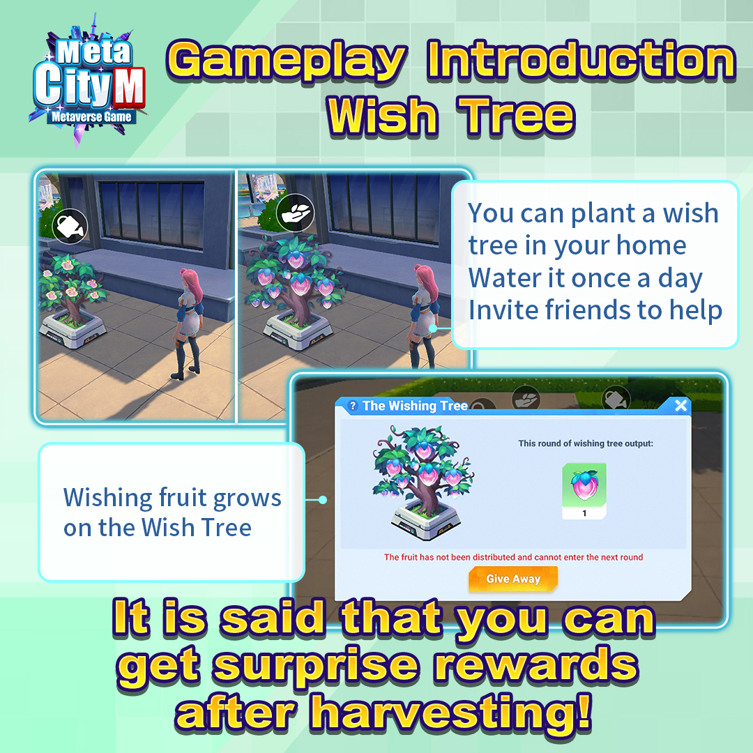 MetaCity_M's tweet photo. ✨ Global Elite Closed Beta Sneak peek #Wishing Tree ✨

Today we're going to show you #WishingTree 🪴
You may plant a wishing tree and water it
Then wait for unexpected rewards🎁

#MetaCityM #StartYourMetaverseLife 
#ClosedBeta #HowToPlay
🎧 Join Discord  https://t.co/JkADkTtHxl https://t.co/FgUo8BoAsp