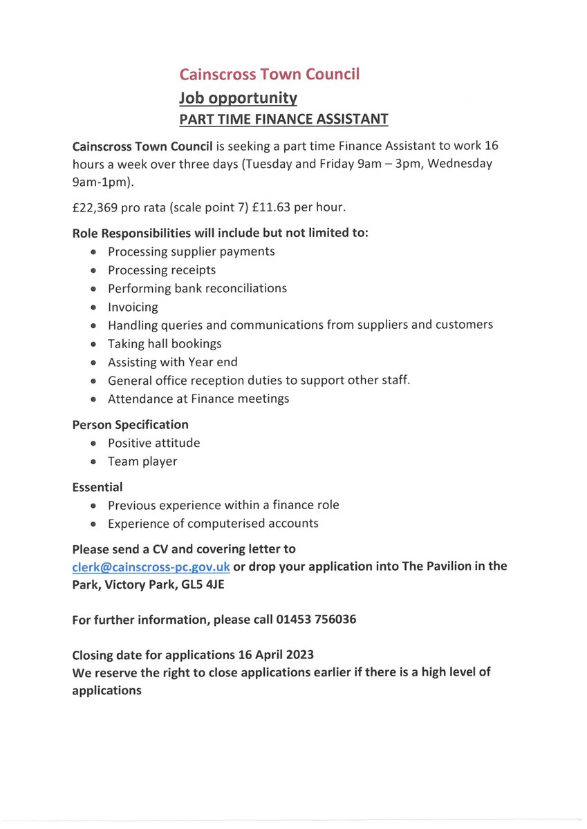VACANCY - Cainscross Town Council have a part time finance assistant role that has become available and are seeking a new member of the team with preferred immediate start. Please see details below on how to apply.