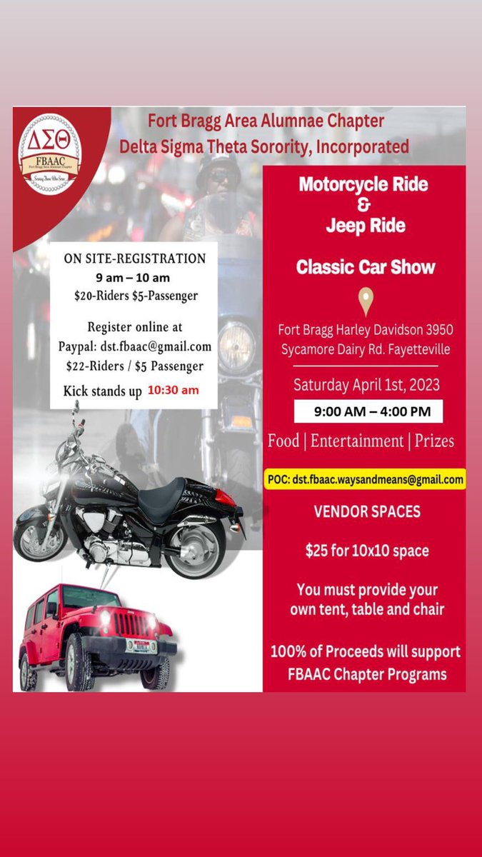 FortBraggDeltas's tweet photo. Ride in style and roll with FBAAC! 
April 1st at the Fort Bragg Harley Davidson,  Fayetteville,  NC 
#bikeride #jeepride #motorcycle #jeeplove #harleydavidson #dst #fortbraggnc #fortbraggdeltas #fbaac #servingthosewhoserve https://t.co/GdMYE5ipwg