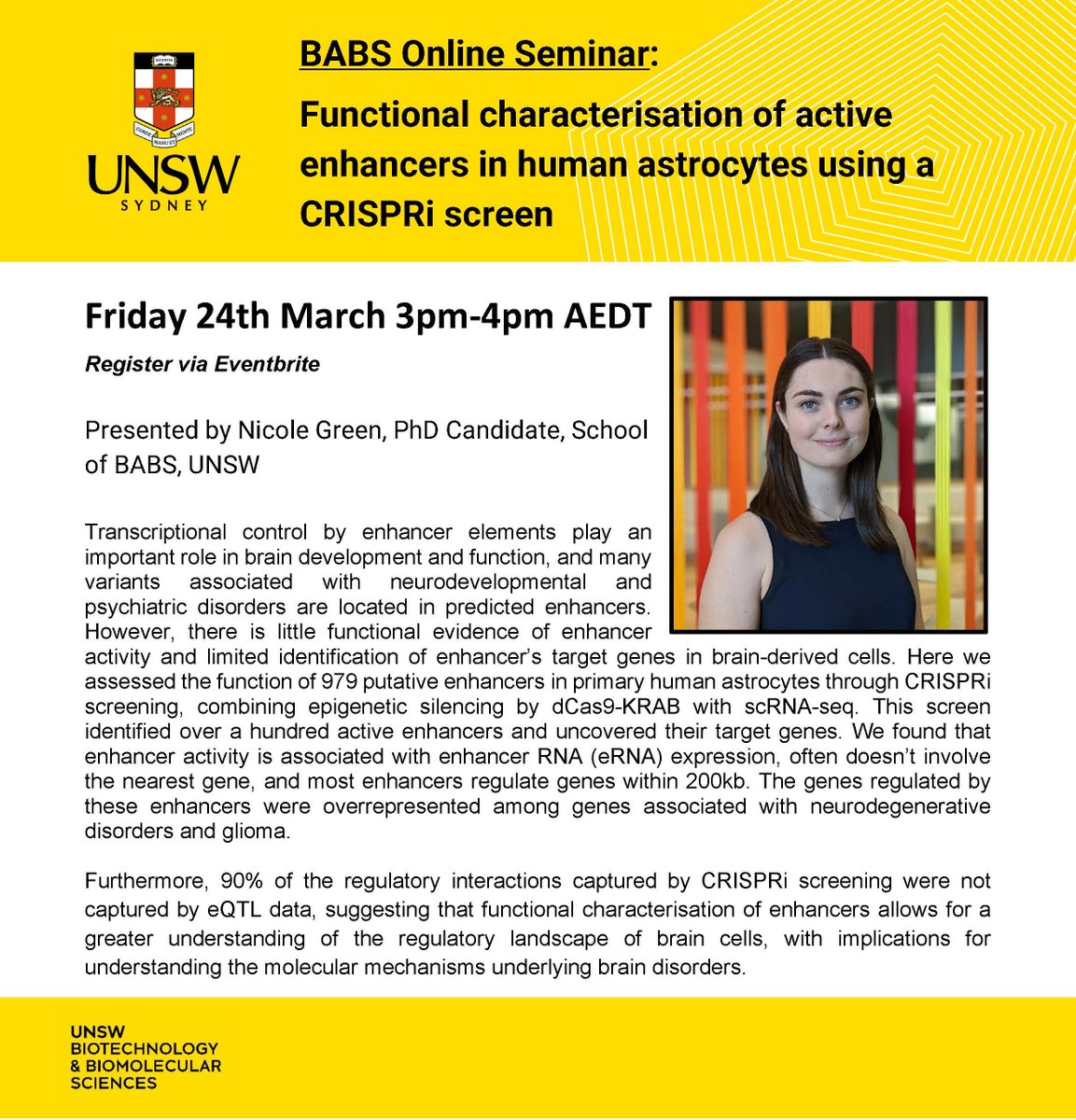 UNSWBABS's tweet photo. 📢 Join us this Friday 24th March 3-4pm AEDT for a double online seminar presented by BABS PhD Candidates, Nicole Green (@NicoleFGreen) and Nicky Wong! Register here ➡️https://t.co/lQKLCgZcmg https://t.co/vdt54MvqCw