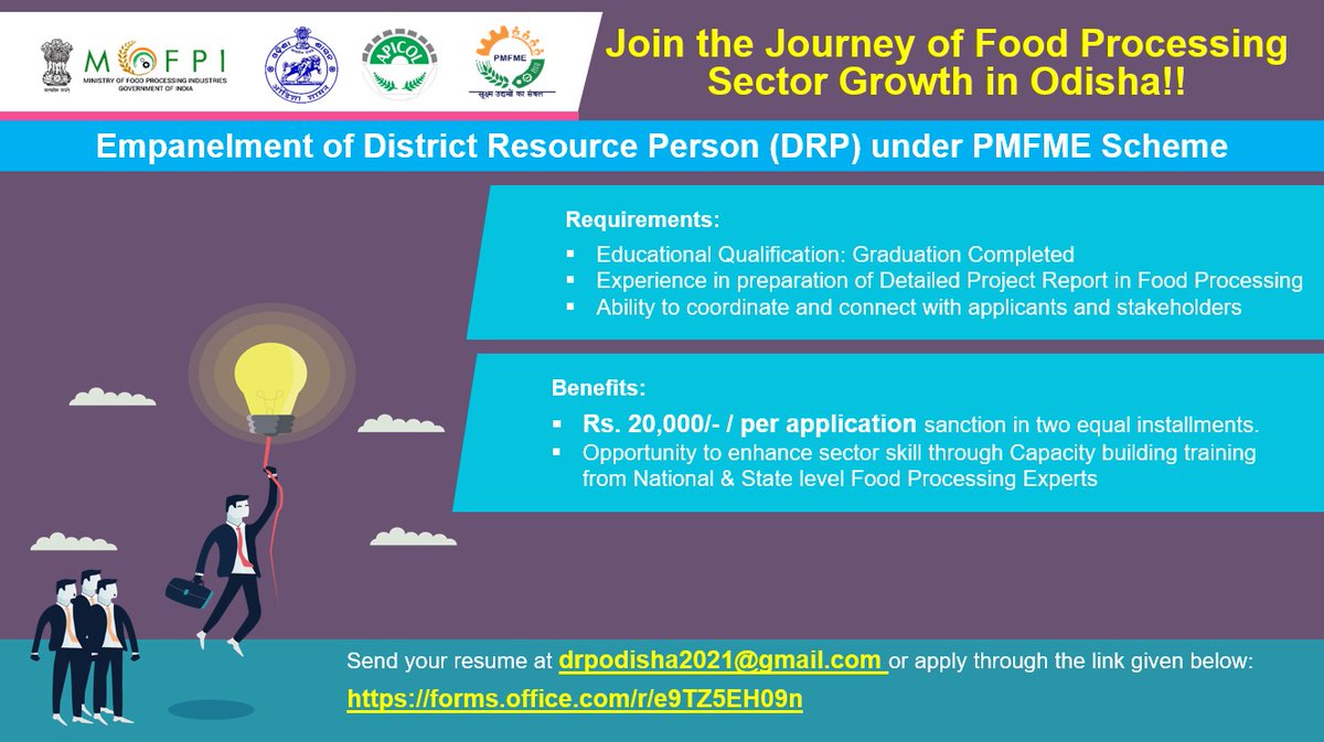 OdishaPmfme's tweet photo. Opportunity to be  empaneled as District Resource Person under PMFME Scheme in Odisha !!
For more details please check the image and click on the link given below to apply:
https://t.co/VUCb2myFJO #Food_Processing
#msme
@CMO_Odisha
@MsmeDepartment
@OFoodpro https://t.co/qTl6s8Cc0f