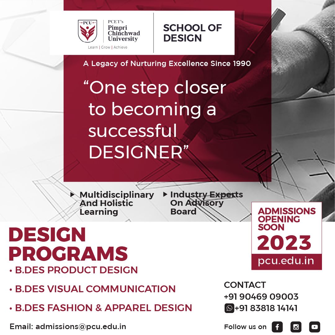 PCUPuneOfficial's tweet photo. Pursue Bachelor in Design comprising #Productdesigning, #VisualCommunication &amp; #FashionDesigning from the esteemed @pcet_pune 's PCU! Applications starting soon.

  #pune  #bdesign #bachelorindesign  #bdes  #productdesigner #designstudent  #admissionsopen2023 https://t.co/cWecE71cxF
