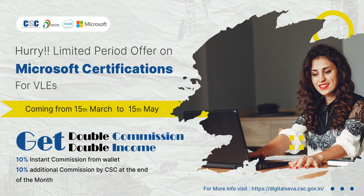 PatankarRishi's tweet photo. Double Commission ✨✨ Double Dhamaka ✨✨! Only on CSC-ESDS Genuine World Famous Microsoft Certifications ✨ @CSCegov_ @academy_csc @PMGDISHA @TeleLaw_ @_DigitalIndia Join Course Now 🤗 https://t.co/J87aAEoQHU