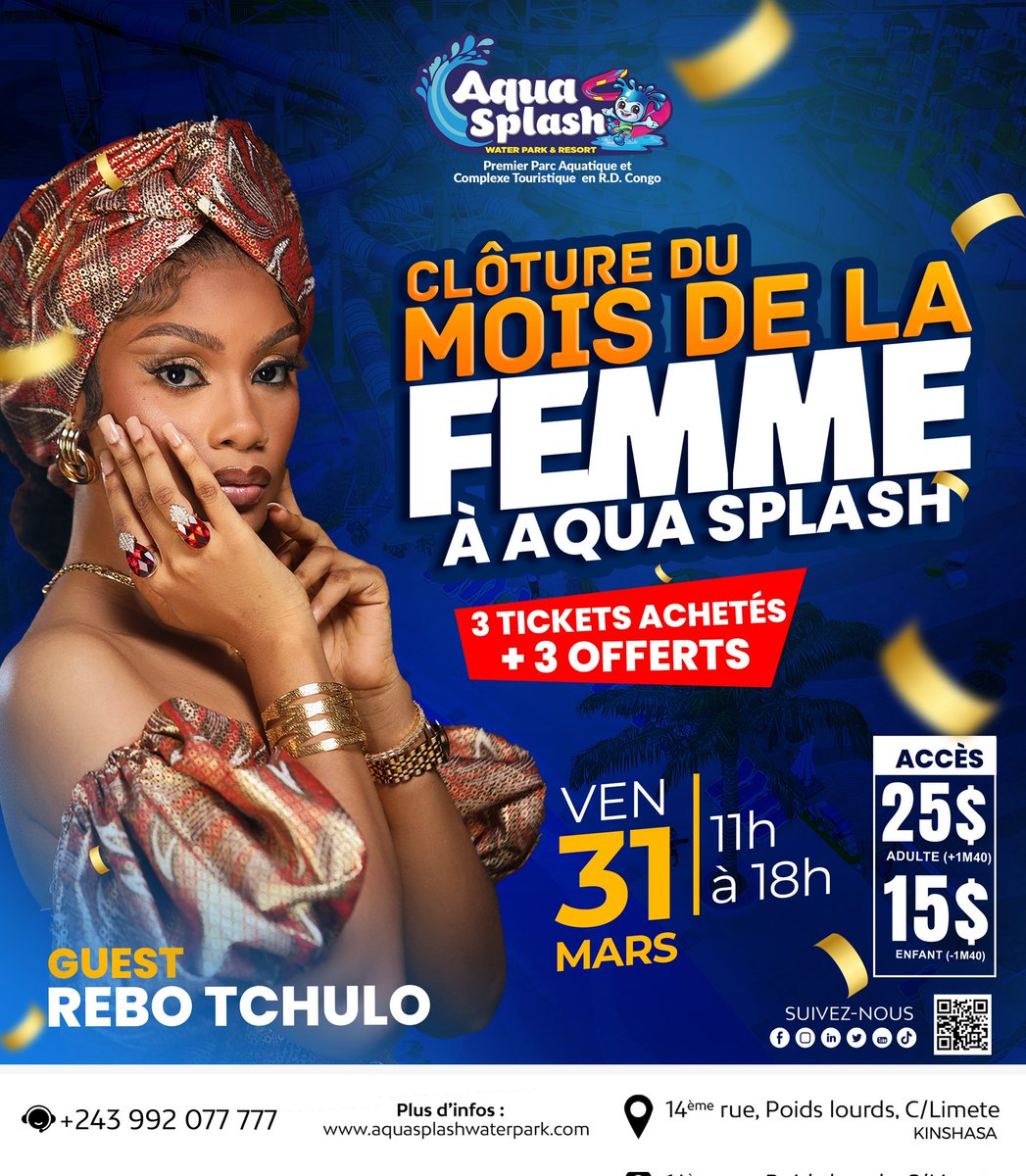 La fête continue mes dames…

Spécialement pour vous, pour clôturer le mois de la femme en beauté, la talentueuse artiste Rebo en invité spécial à Aqua Splash, ce vendredi 31 Mars.

Tarifs : Billet Adulte 25$(+1m40)
Billet Enfant 15$(-1m40)

#parcaquatique #visitRdcongo #resort
