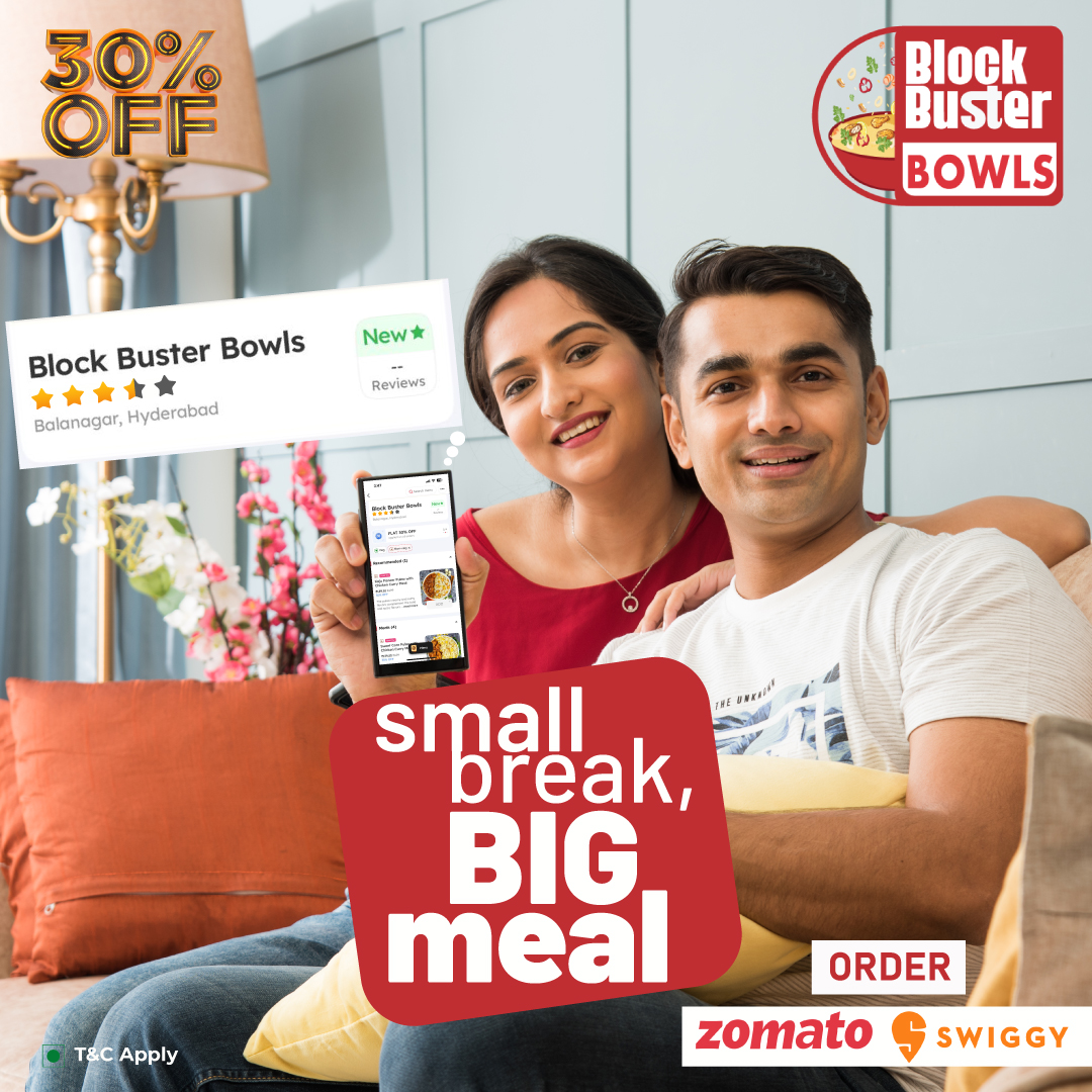 'Take a #SmallBreak from your #BusyDay & #indulge in a #BigMeal with our #BlockBusterBowls!

#ConvenientEating #DiscountOffer #SatisfyingCravings #Trending2023 #HealthyEating #OrderOnline #30Off #SatisfyingMeal #HyderabadFoodie #FoodieLife #FoodGoals #FoodLove #FoodAddict'