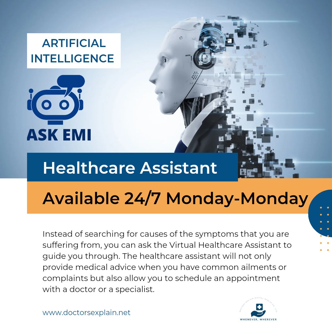 DocsExplainFM's tweet image. EMI is an AI-powered Virtual Health Assistant offers personalized experiences to patients. It helps them to identify their illness based on the symptoms, monitor their health status, schedule doctor appointments, and do more.

#AI #AIinHealthcare #VirtualHealthAssistant