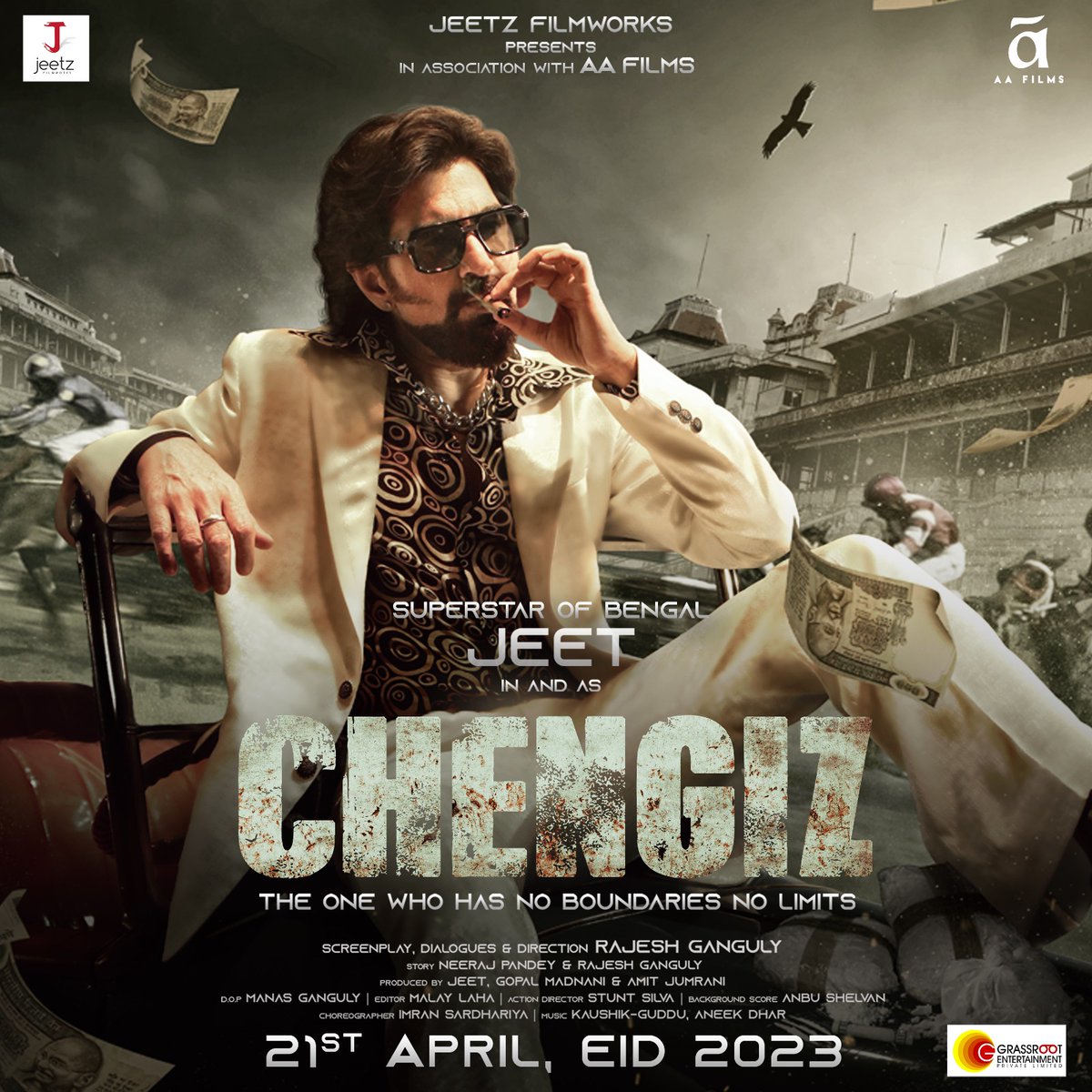 GRASSROOTENT's tweet photo. An era has begun! 
Bengal’s Superstar @jeet30 is in full action to release the poster of his upcoming film #Chengiz in Hindi. It is the very first Bengali film to be released simultaneously in Hindi which makes it even special for both Bengali and Hindi film fans. 
#ThisEid https://t.co/tJ8IoT1SfC