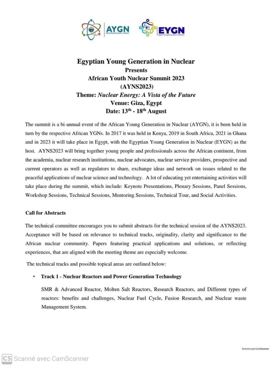 african_ygn's tweet photo. We are pleased to share with you more information on how to submit your abstract and take part in the African Youth Nuclear Summit 2023 (#AYNS2023) to be held in Giza, Egypt from 13th to 18th August. #Nuclear #AYGN https://t.co/7WWgP2rJAd