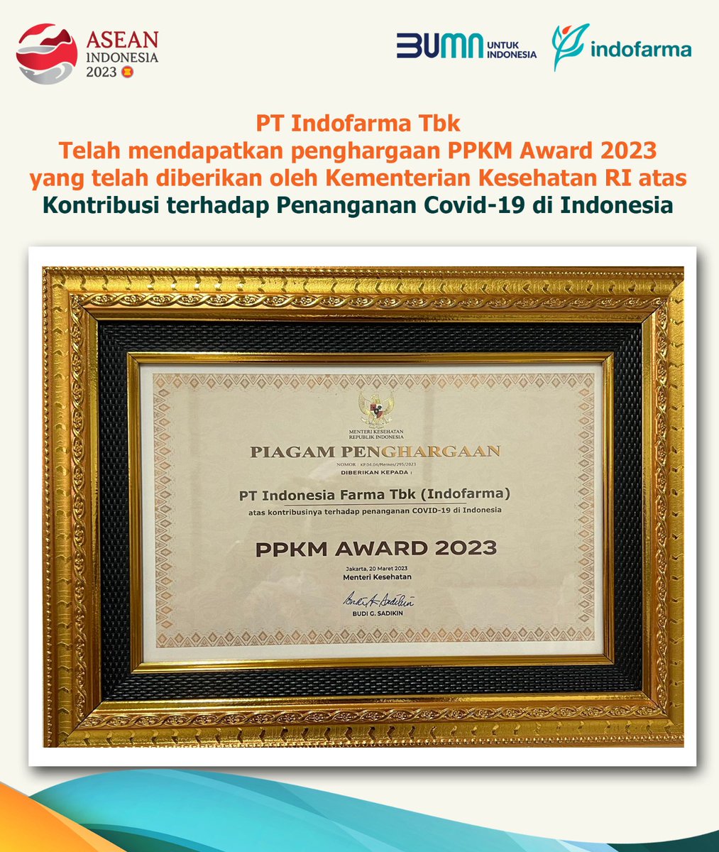 Indofarma Mendapatkan Penghargaan Penanganan C19
Sebagai bentuk apresiasi atas kontribusi positif perusahaan terhadap masyarakat dan lingkungan dalam berjuang mengendalikan Pandemic Covid-19, Indofarma mendapatkan penghargaan PPKM Award 2023  yang diberikan oleh Kemenkes RI