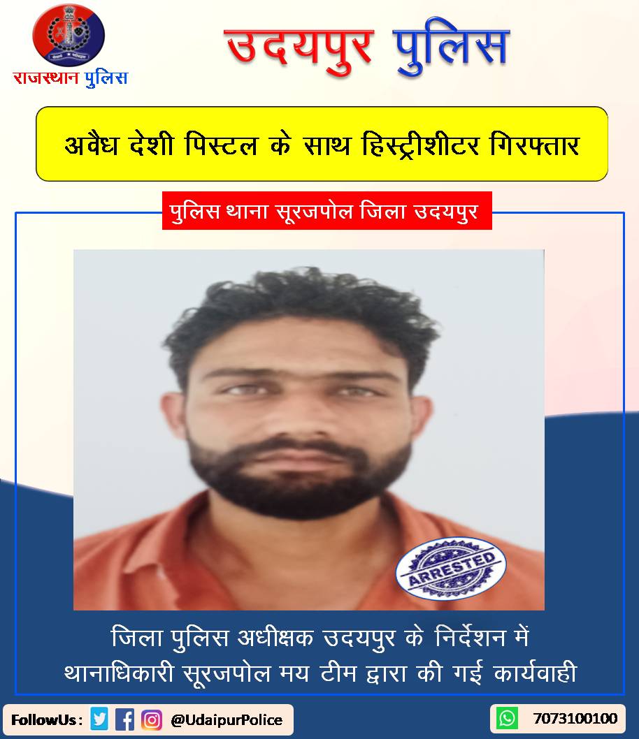 अवैध देशी पिस्टल के साथ हिस्ट्रीशीटर गिरफ्तार।

#RajasthanPolice #UdaipurPolice
#Udaipur #PsSurajpole