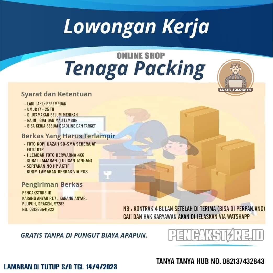 lokerdisoloraya's tweet photo. Lowongan Kerja Tenaga Packing
📍Kirimkan surat lamaran dan cv sebelum tanggal 14 April 2023
📌Info lebih lanjut hubungi :
082137432843
#lokersragen
#infolokersragen
#lowongansragen #lowongankerjasragen
#lokergemolong #lokermasaran #lokertangen #loker #lokerpacking
#lokercot https://t.co/puNoxZdXqi