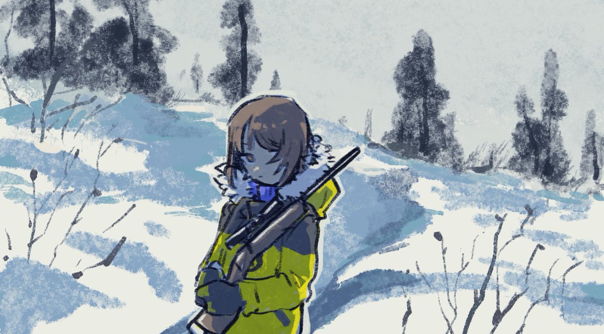 1girl solo snow brown hair gun weapon short hair  illustration images