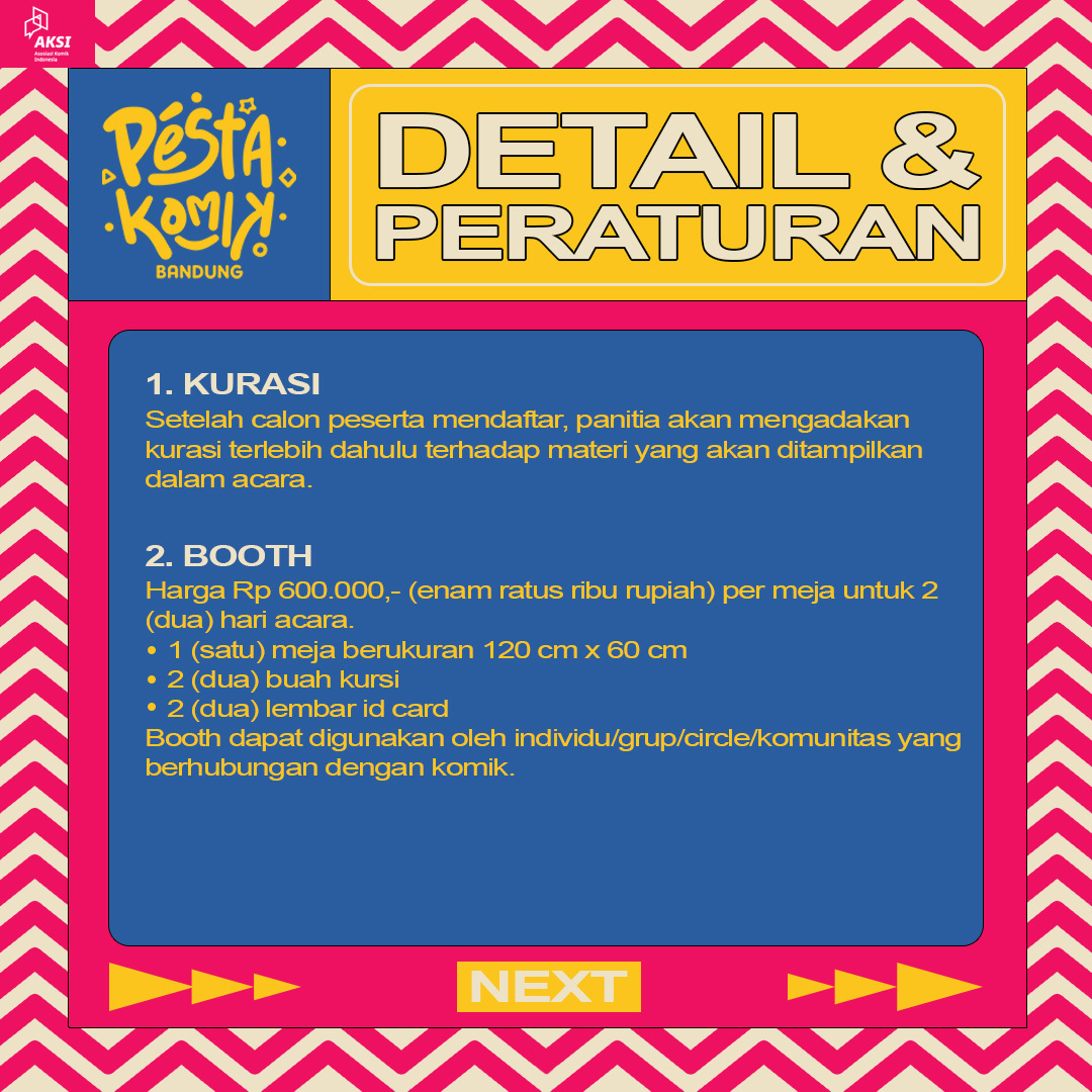 pestakomik's tweet image. Pendaftaran booth Peskom Bandung 2023 sudah dibuka!

Agar tidak ada kekeliruan, harap dibaca dengan seksama dulu ya detail dan peraturannya. Untuk pendaftaran bisa mengisi formulir di tautan ini:

bit.ly/boothpeskombdg

atau sesimple klik link di bio kami. Selamat mendaftar!