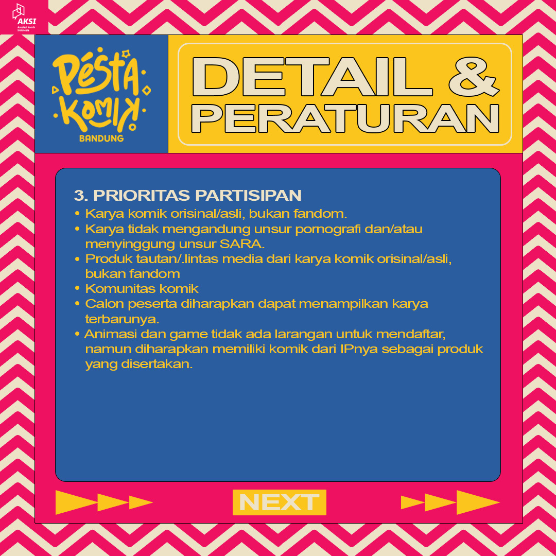 pestakomik's tweet image. Pendaftaran booth Peskom Bandung 2023 sudah dibuka!

Agar tidak ada kekeliruan, harap dibaca dengan seksama dulu ya detail dan peraturannya. Untuk pendaftaran bisa mengisi formulir di tautan ini:

bit.ly/boothpeskombdg

atau sesimple klik link di bio kami. Selamat mendaftar!