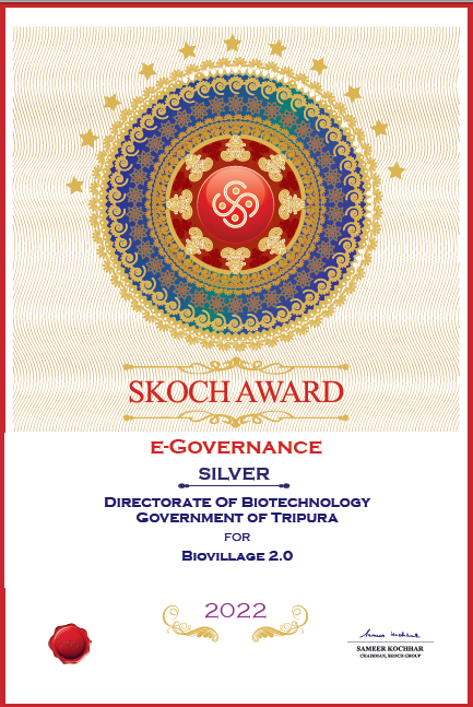 DBT_Tripura's tweet photo. Directorate of Biotechnology has been awarded (SKOCH Award-Silver) for Biovillage 2.0 from the prestigious SKOCH Group. https://t.co/3i1J0O1qid