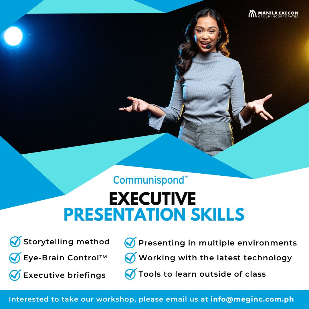 ManilaExecon's tweet photo. Charisma. Presence. Persuasiveness. These are almost indefinable qualities that seem to radiate magically from an effective public speaker. That’s the concept at the core of Executive Presentation Skills®.

Interested? Please email us at info@meginc.com.ph https://t.co/mcYpOzxulX